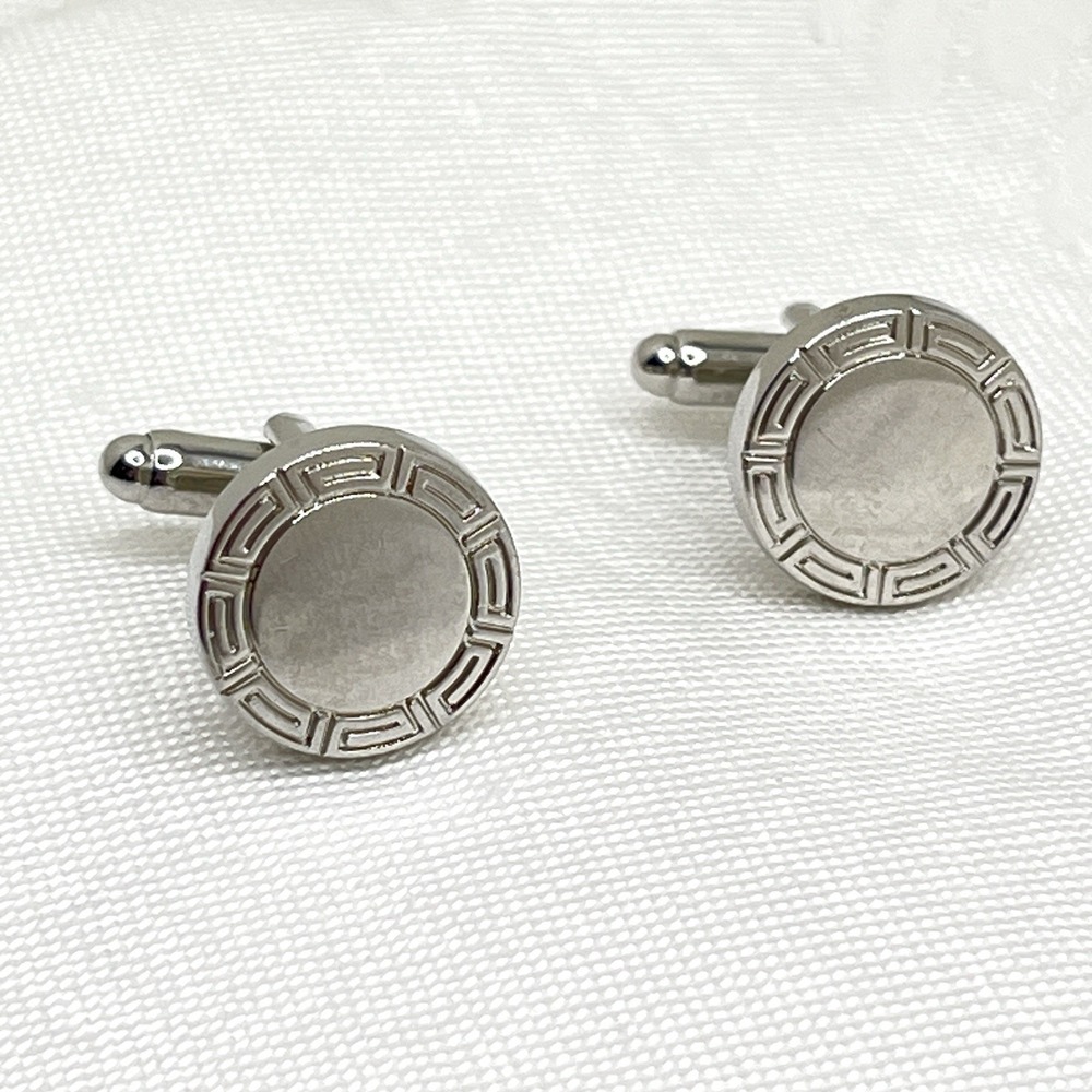 Vintage Greek Key Circle Cuff Links‎ 1990s Shiny Silver Tone Circular Cufflinks